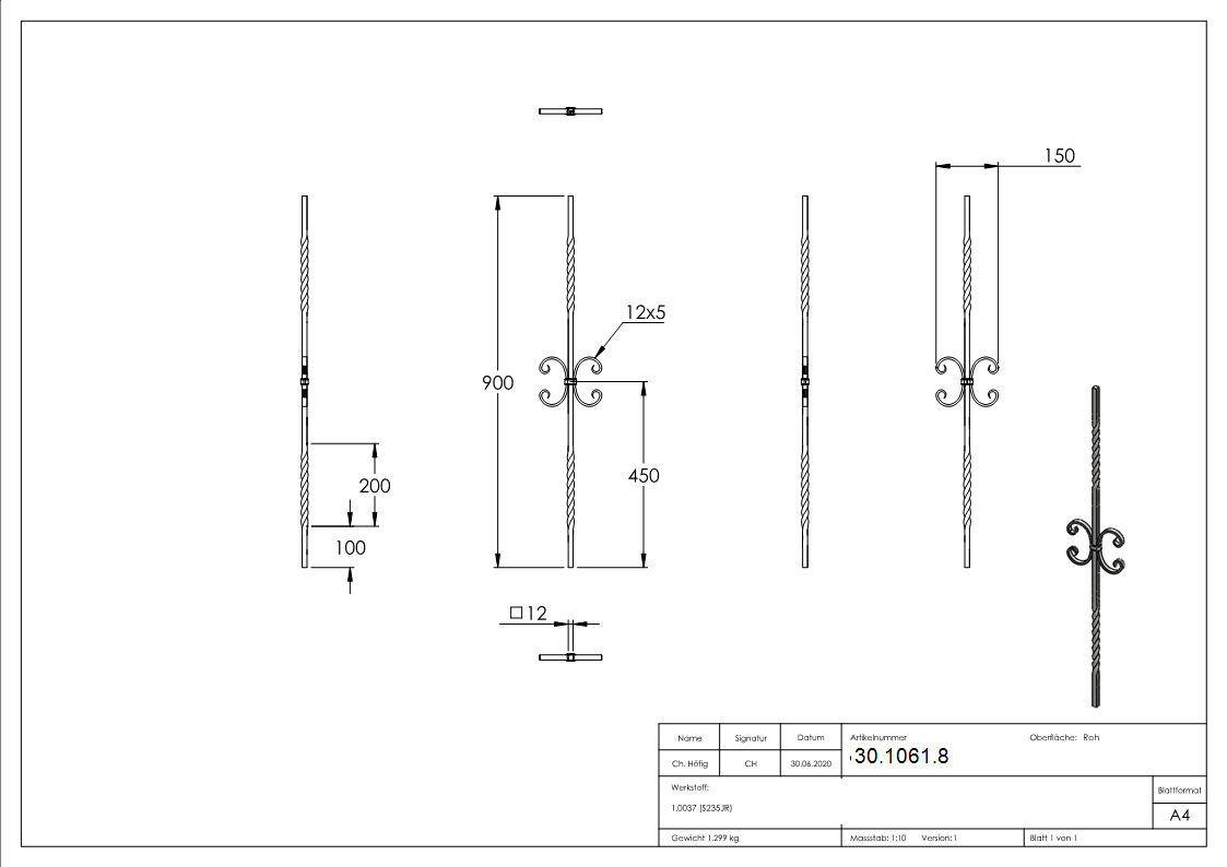 Zierstab | Länge: 900 mm | Material: 12x12mm | glatt | Stahl (Roh) S235JR