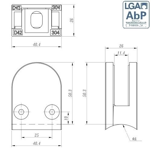 Glasklemme | Maße: 50x40x26 mm | Anschluss 33,7 mm | V2A | Gummi 10,76 mm VSG