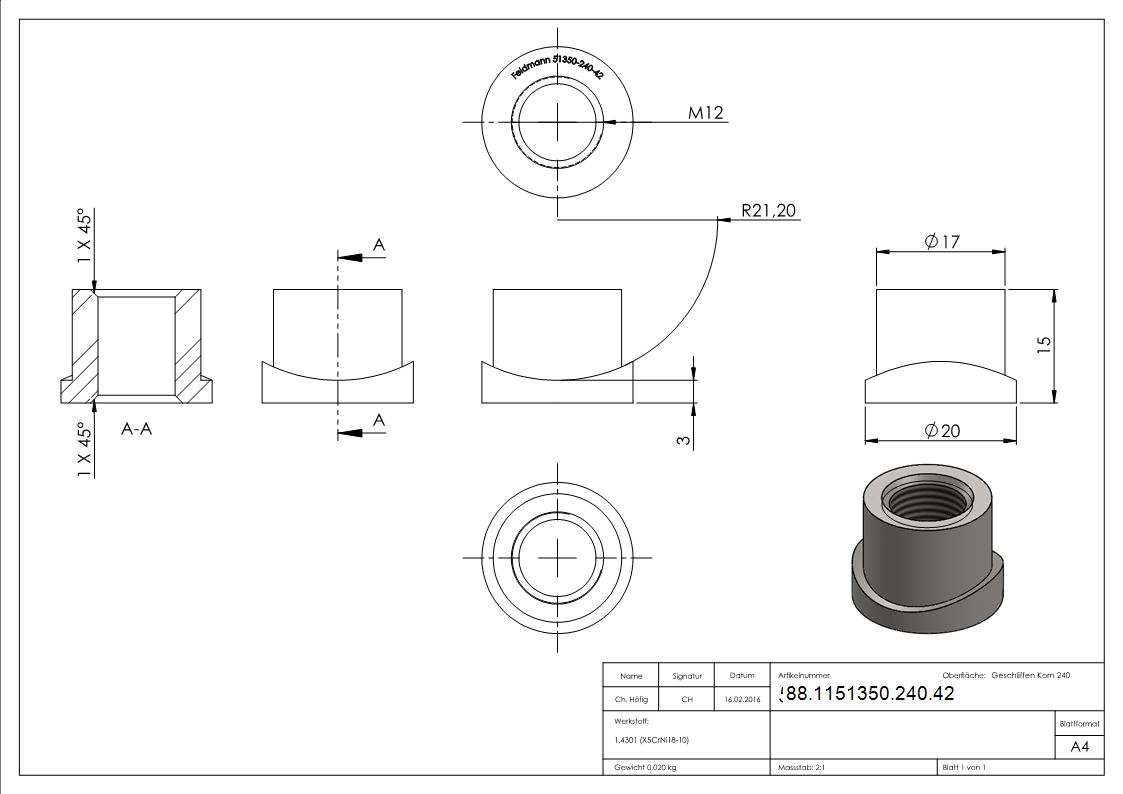 Einschweißmuffe für Torband M12 / 42,4mm