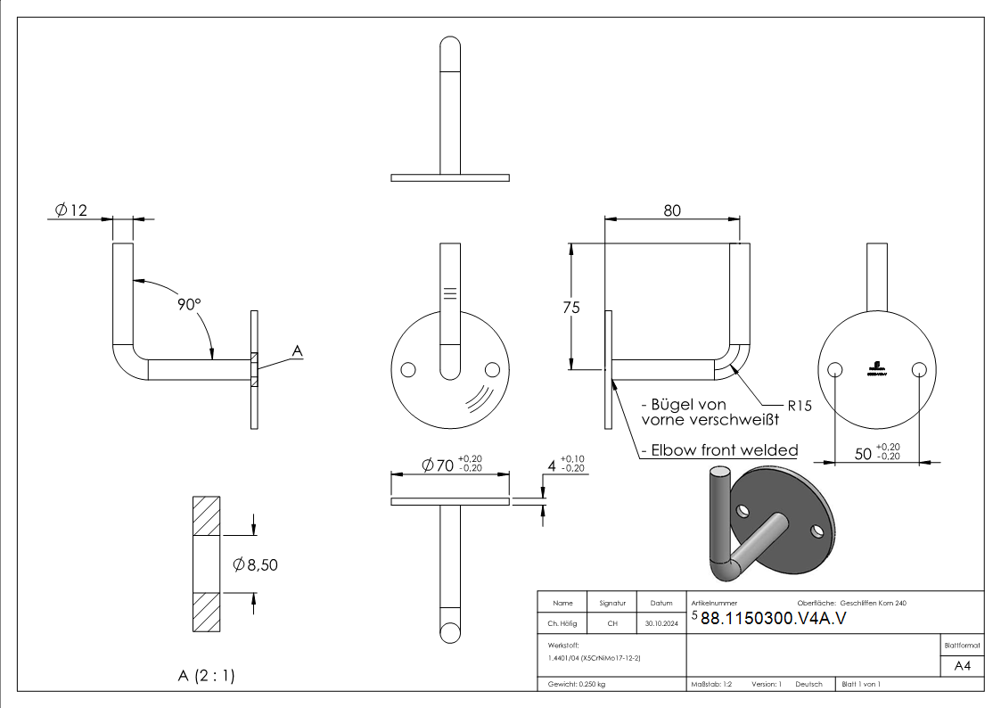 Handlaufhalter V4A Ronde 70x4 mm- Buegel Ø 12 mm- 80 mm Wandabstand- zum Anschweissen-88-1150300-V4A.V