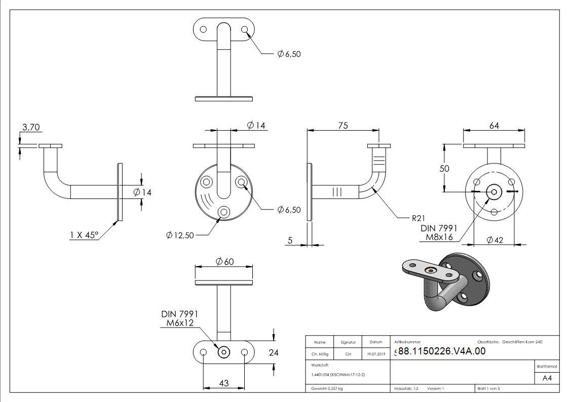 Hochwertiger Handlaufhalter fuer LED Handlaeufe- Robust und langlebig-88-1150226-V4A.00