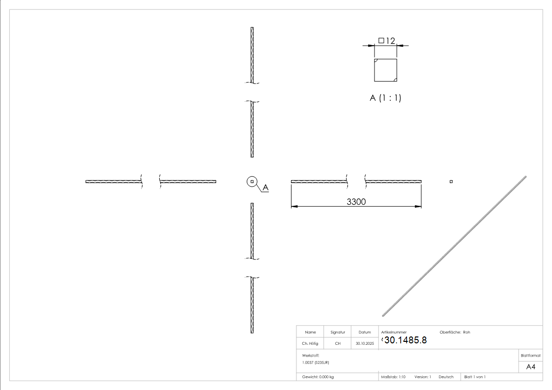 Vierkant gehaemmert - Material- 12x12 mm - Laenge- 3300 mm - Stahl -Roh- S235JR-30-1485.8