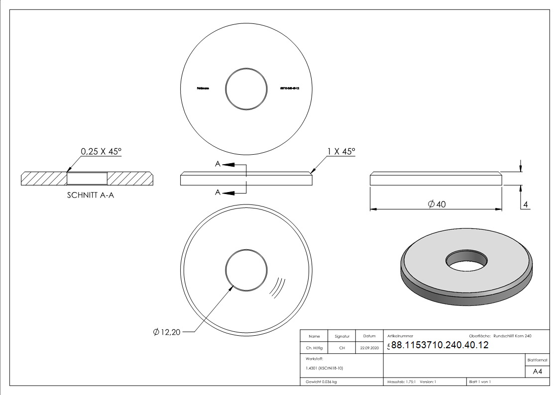 Ronde, Ø 40 x 4mm, mit Bohrung 12,2mm, V2A