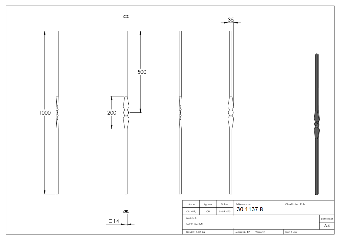 Zierstab | Länge: 1000 mm | Material: Ø14 mm glatt | Stahl S235JR, roh