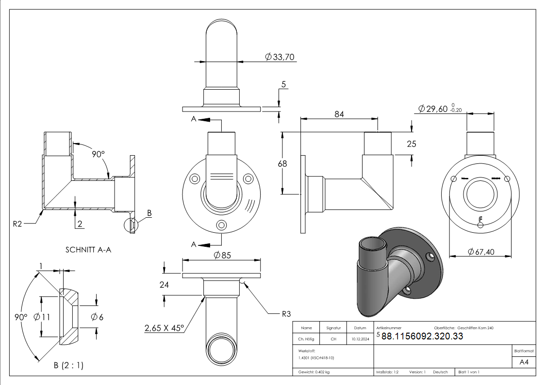 Wandhalter 90°  für Rohr 33,7 x 2,0 mm | V2A