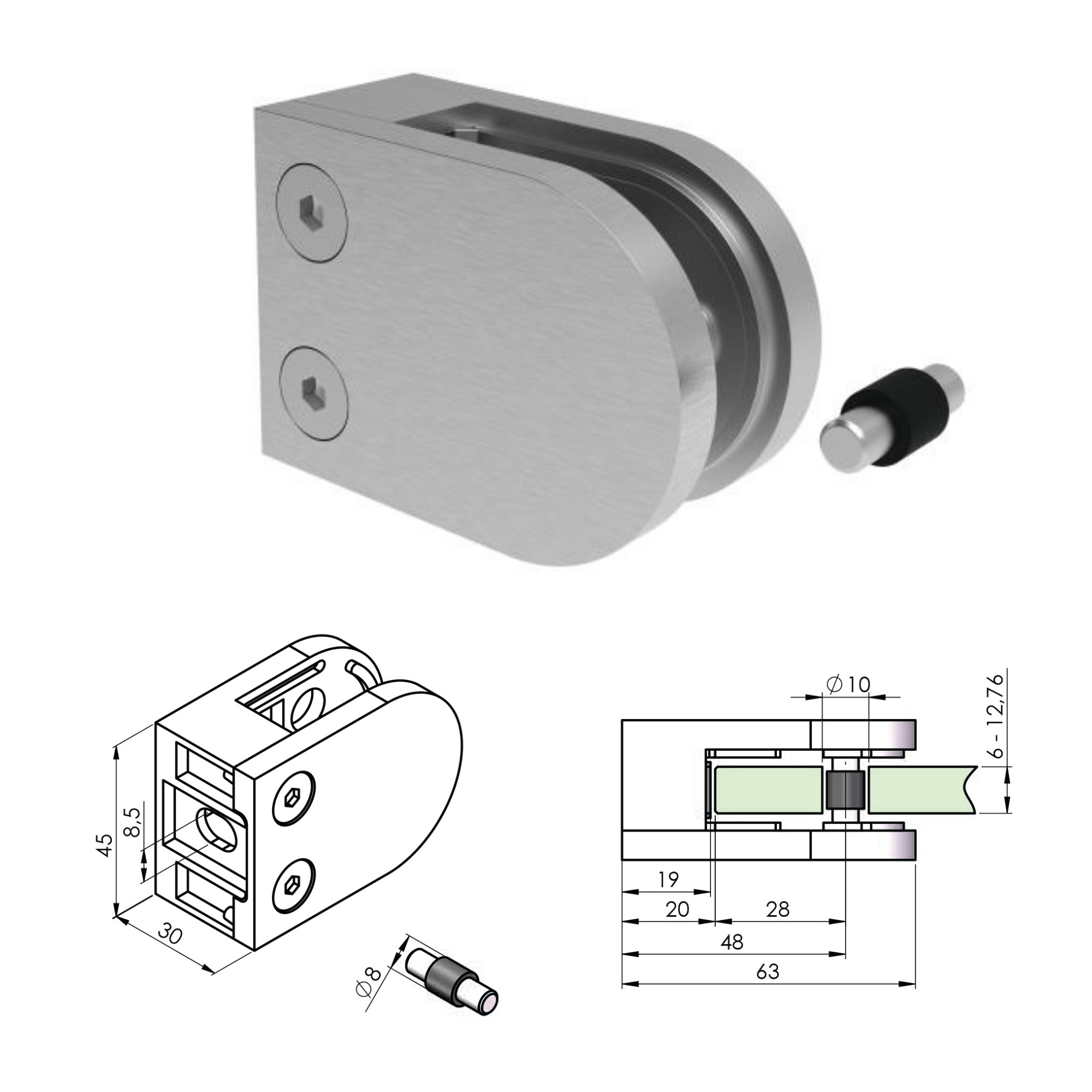 Glashalter V4A fuer Glas 6 - 12-76 mm Flachanschluss Modell 25 4er Set-89-11A142500000SET4-A.4