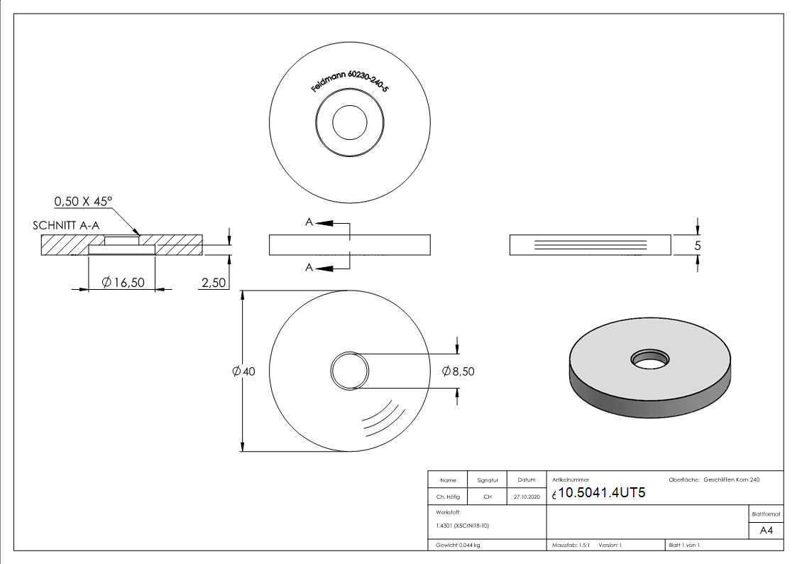 Glas-Punkthalter Unterteil Ø 40 mm + 5 mm Höhe V2A