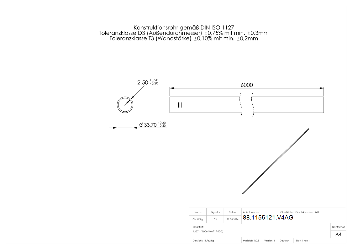 Edelstahlrohr V4A geglueht 33-7 x 2-5mm- L=6m Edelstahl-88-1155121.V4AG
