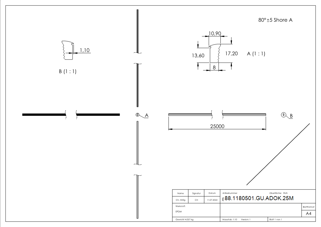 Abschlussdichtung oben, EPDM 80 shore, Länge 25m, schwarz