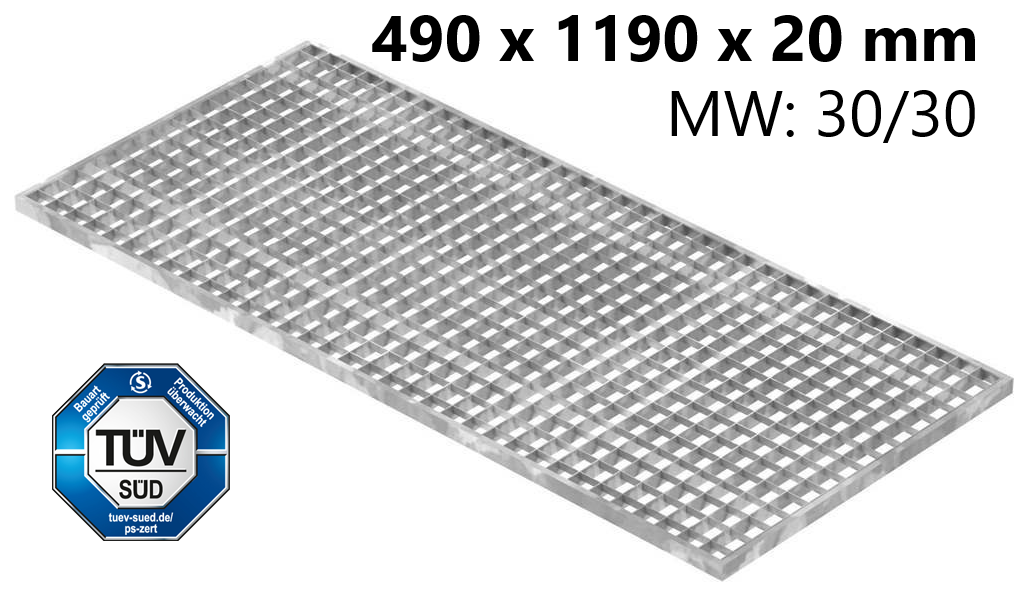 Lichtschachtrost Baunormrost | Maße:  490x1190x20 mm 30/30 mm | aus S235JR (St37-2), im Vollbad feuerverzinkt