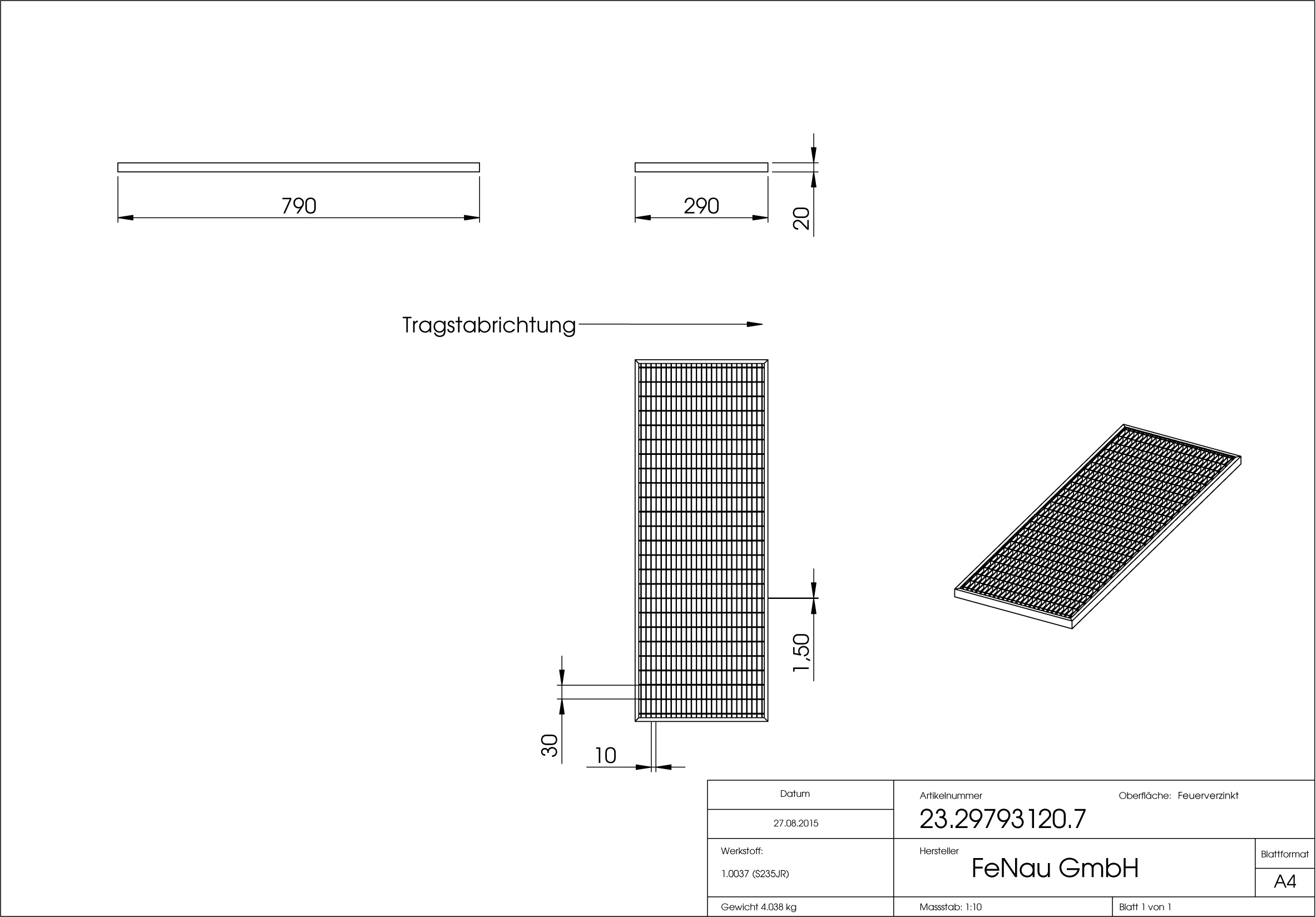 Lichtschachtrost Baunormrost | Maße:  290x790x20 mm 30/10 mm | aus S235JR (St37-2), im Vollbad feuerverzinkt