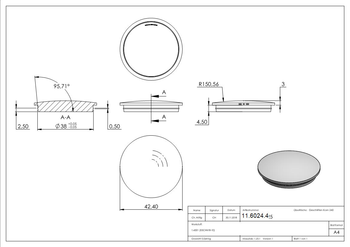 Einsteckkappe V2A Edelstahl Ø 42-4x2-5 mm leicht gewoelbt-11-6024.4