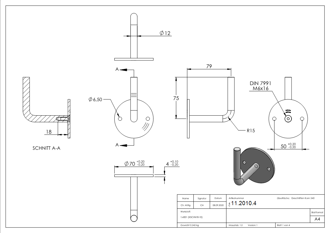 Handlaufhalter Ronde 70 x 4 mm mit Bügel 12 mm V2A