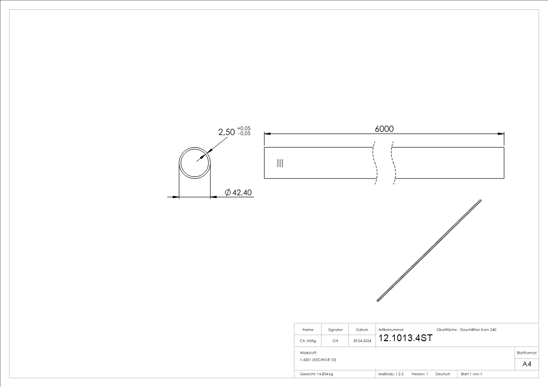 Rundrohr Ø 42,4 x 2,6 mm geeignet für Steckverbindungen á 6 m Edelstahl