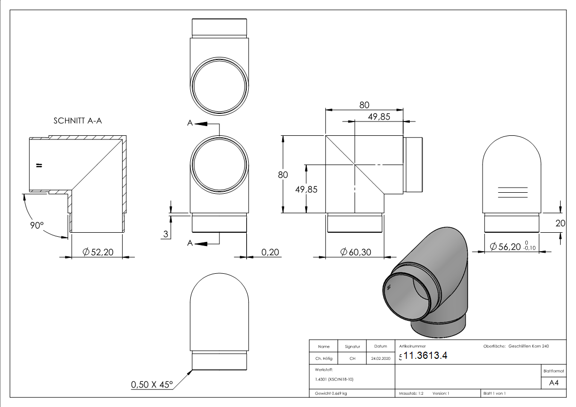 Eckbogen 90°, für Rundrohr Ø 60,3x2,0 mm V2A