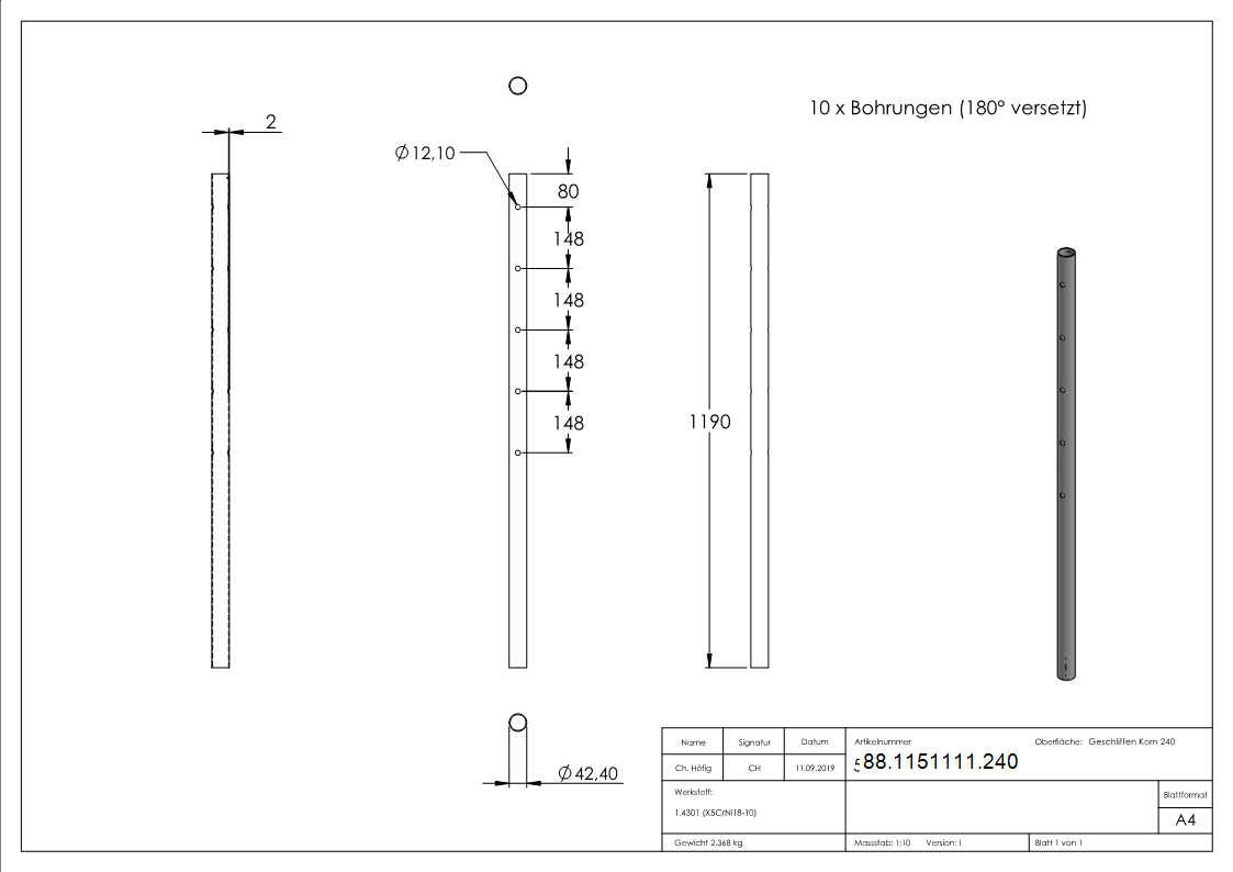 Edelstahlpfosten V2A Ø 42-4 x 2-0 mm- H 1190 mm- 5x Bohrung Ø 12 mm-88-1151111.240