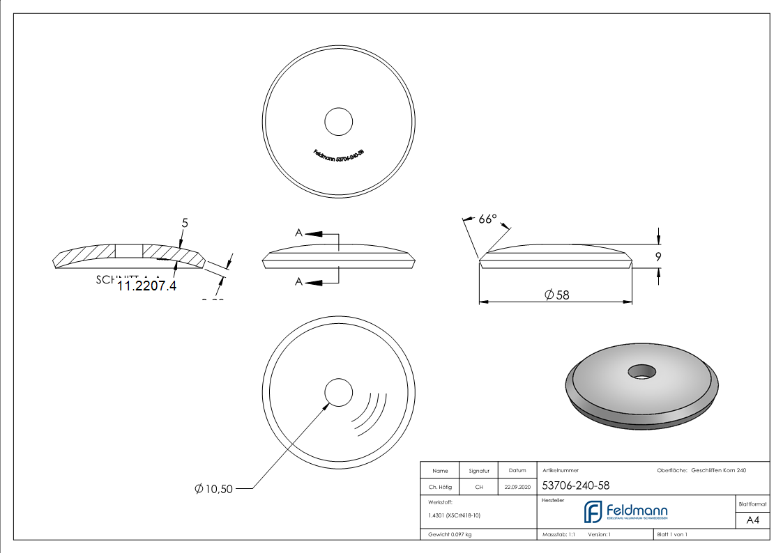 Ankerplatte Ø 58 x 5 mm gewoelbt mit Zentrierbohrung- Ø 10 mm V2A-11-2207.4