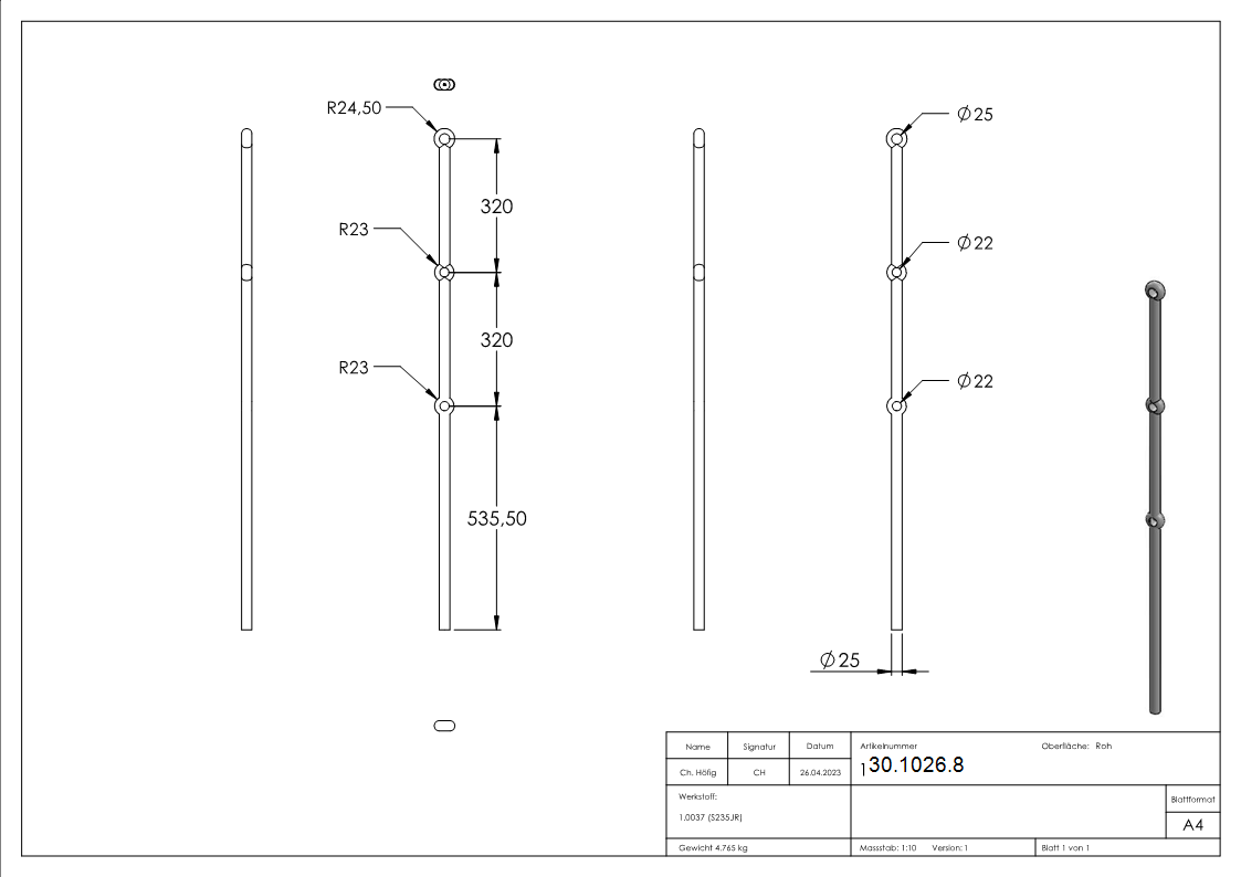 Anfangsstab Pfosten Länge: 1200 mm Material: Ø 25 mm Stahl S235JR, roh