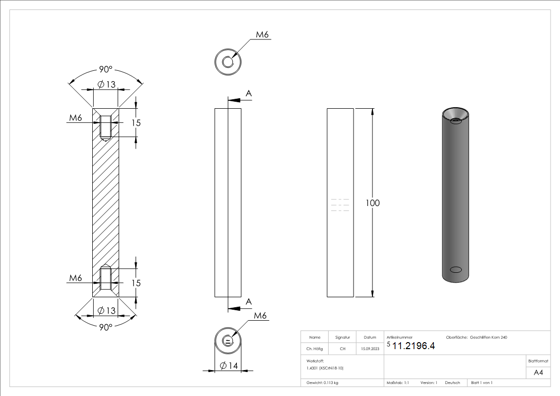 Stift Maße: 100x14 mm mit 2 Innengewinde: M6x15 mm V2A