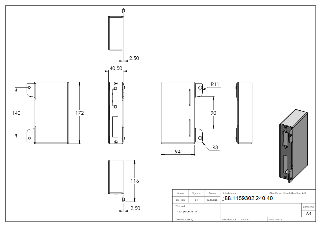 Gegenkasten Edelstahl V2A fuer 40 mm Schlosskasten geschliffen Korn 240 zum Anschweissen-88-1159302-240.40