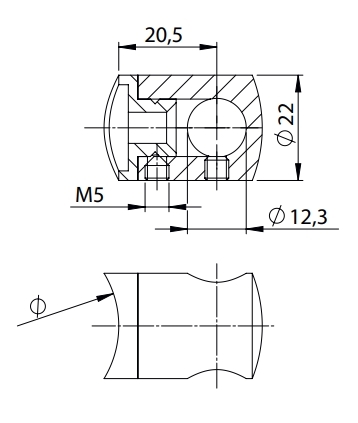 Querstabhalter Ø 22 mm | mit Bohrung: 12,2 mm | für Anschluss: flach | V2A