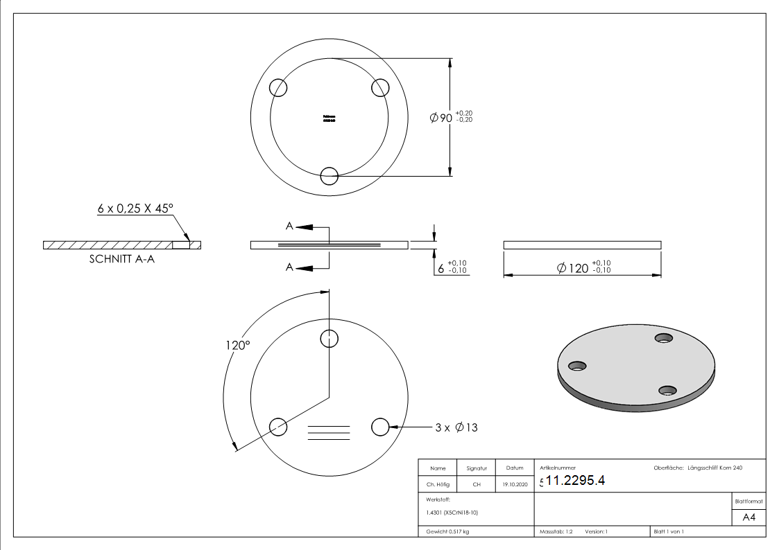 Ankerplatte Masse- Ø 120x6 mm mit 3 Bohrungen Ø 11 mm V2A-11-2295.4
