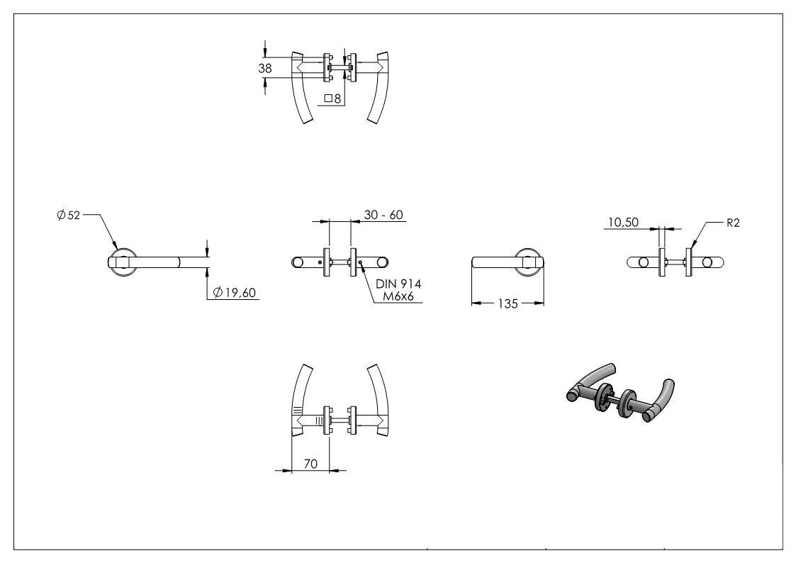 Türdrückerpaar V2A inkl. 8 mm Drückerstift Modell SICHEL