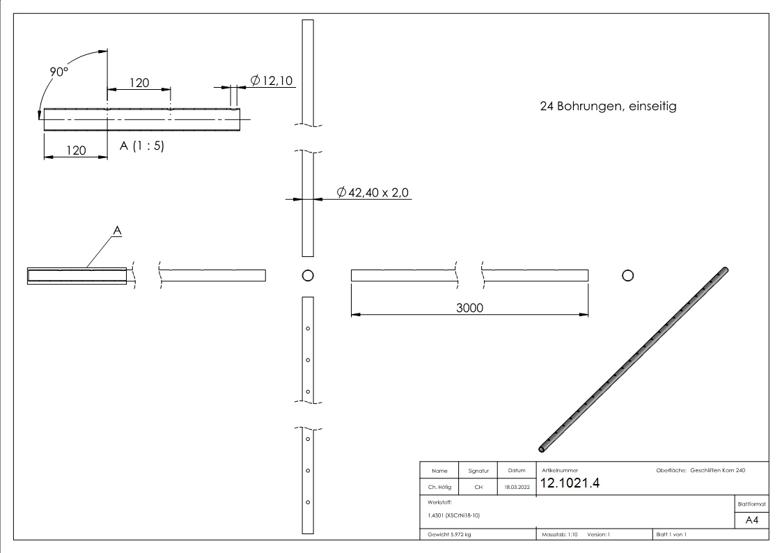 Rundrohr Ø 42,4 x 2,0 mm einseitig gelocht á 3 m Edelstahl