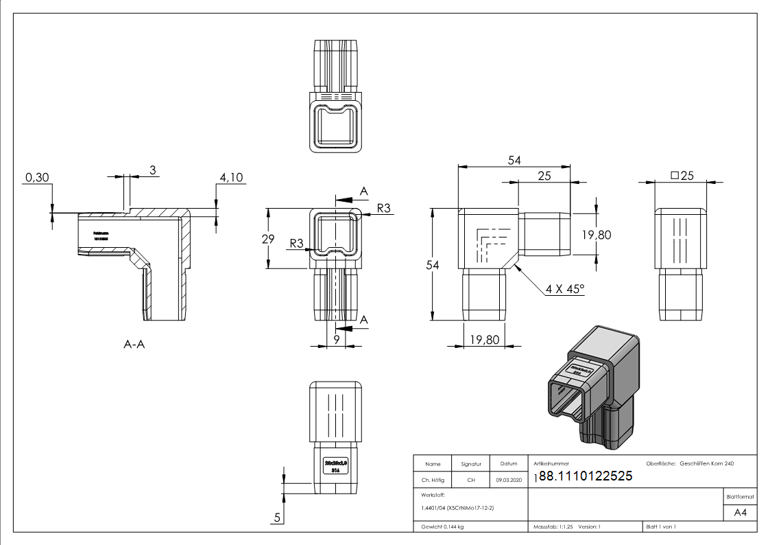 Verbindungsstück 90° für Rohr 25x25x2mm, V4A