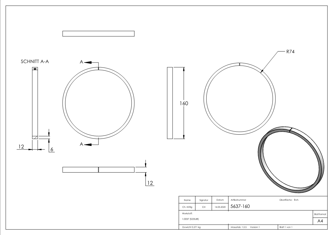 Ring | Material: 12x6 mm | Außen-Ø 160 mm | Stahl S235JR, roh
