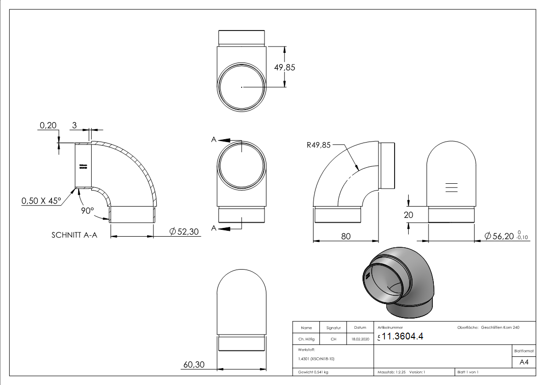 Rohrbogen 90° rund, für Rundrohr Ø 60,3x2,0 mm V2A