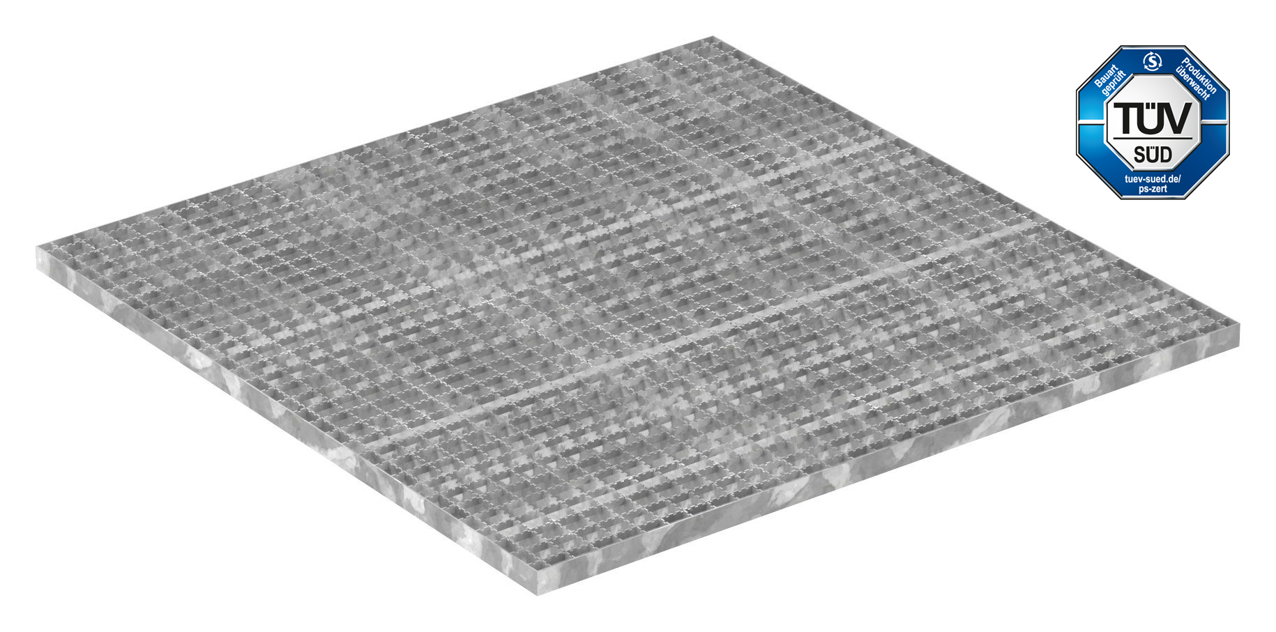 Industrie-Gitterrost | Maße: 1000x1000 mm; 30/30 mm; 30/2 mm R12 | S235JR (St37-2), im Vollbad feuerverzinkt