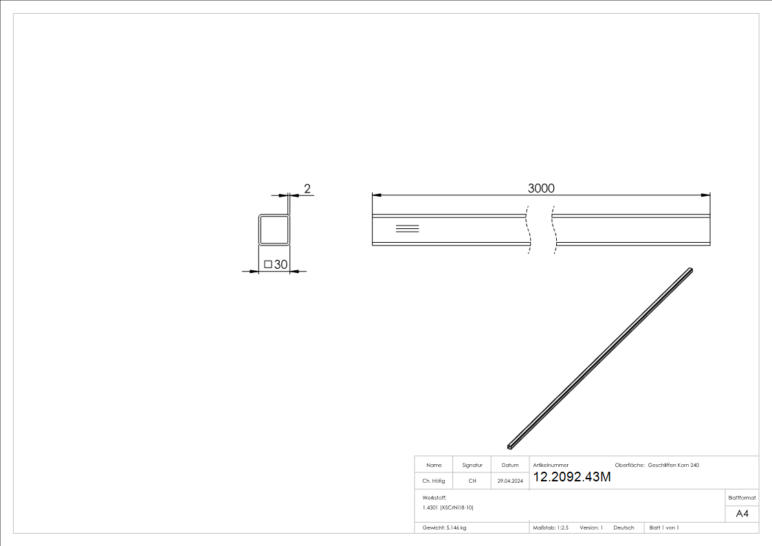 Vierkantrohr 30x30x2,0 mm á 3 m Edelstahl