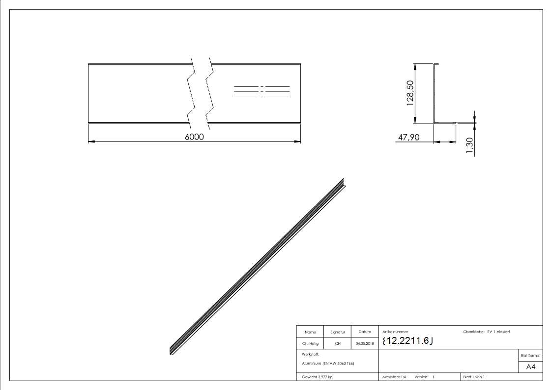 Abdeckung fuer Ganzglasgelaender - MASSIV - Laenge- 6000 mm - seitliche Montage - Aluminium-12-2211.6