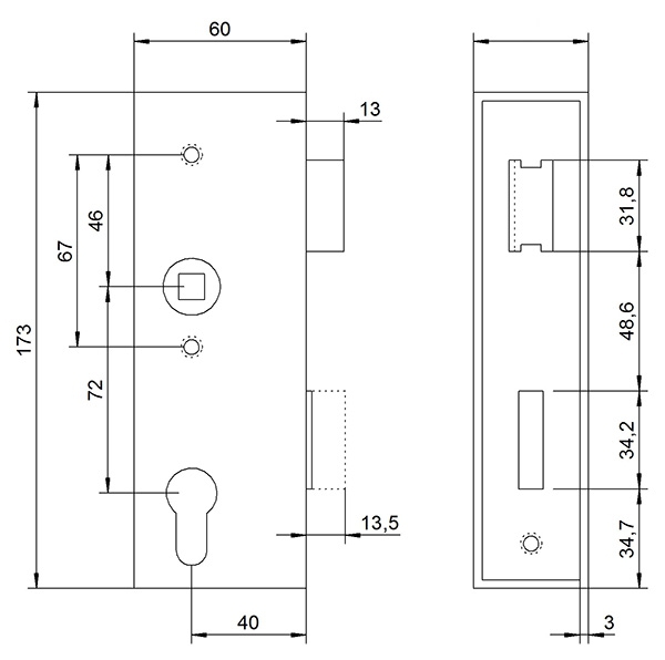 Schlosskasten | Maße: 173x60x40 mm | Dorn: 40 mm | Stahl (roh) S235 JR