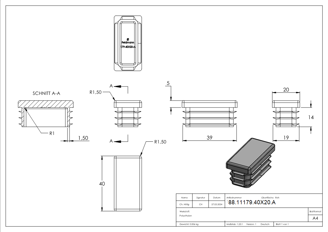 Kunststoffkappe Kunststoff fuer Rechteckrohr 40 x 20 mm RAL 7016 Wandstaerke 1-0-3-0 mm-88-11179-40X20.A