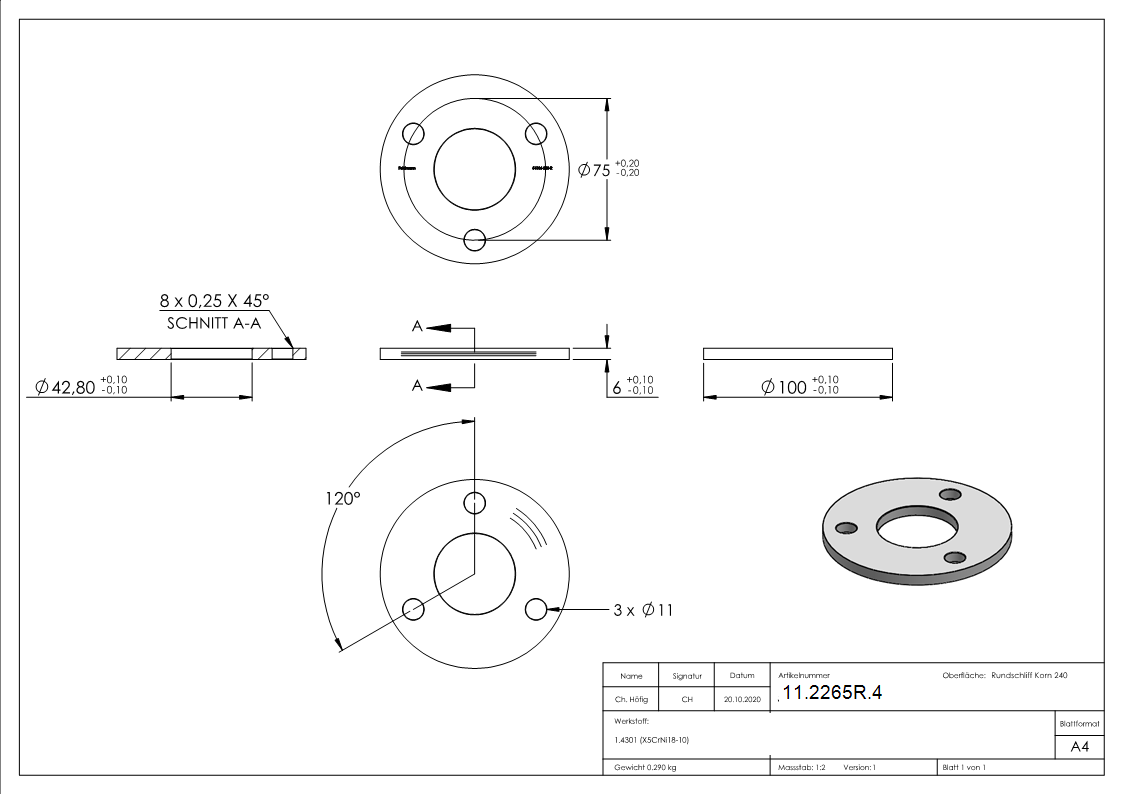 Ankerplatte Ø 100 x 6 mm mit Zentrierbohrung- Ø 42-8 mm V2A-11-2265R.4