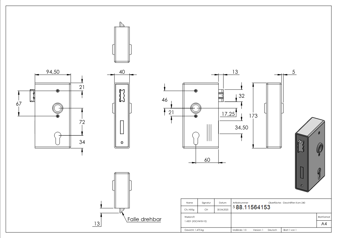 Schlosskasten Edelstahl 40 x 94-5 x 173 mm mit Edelstahlschloss geschliffen-88.11564153