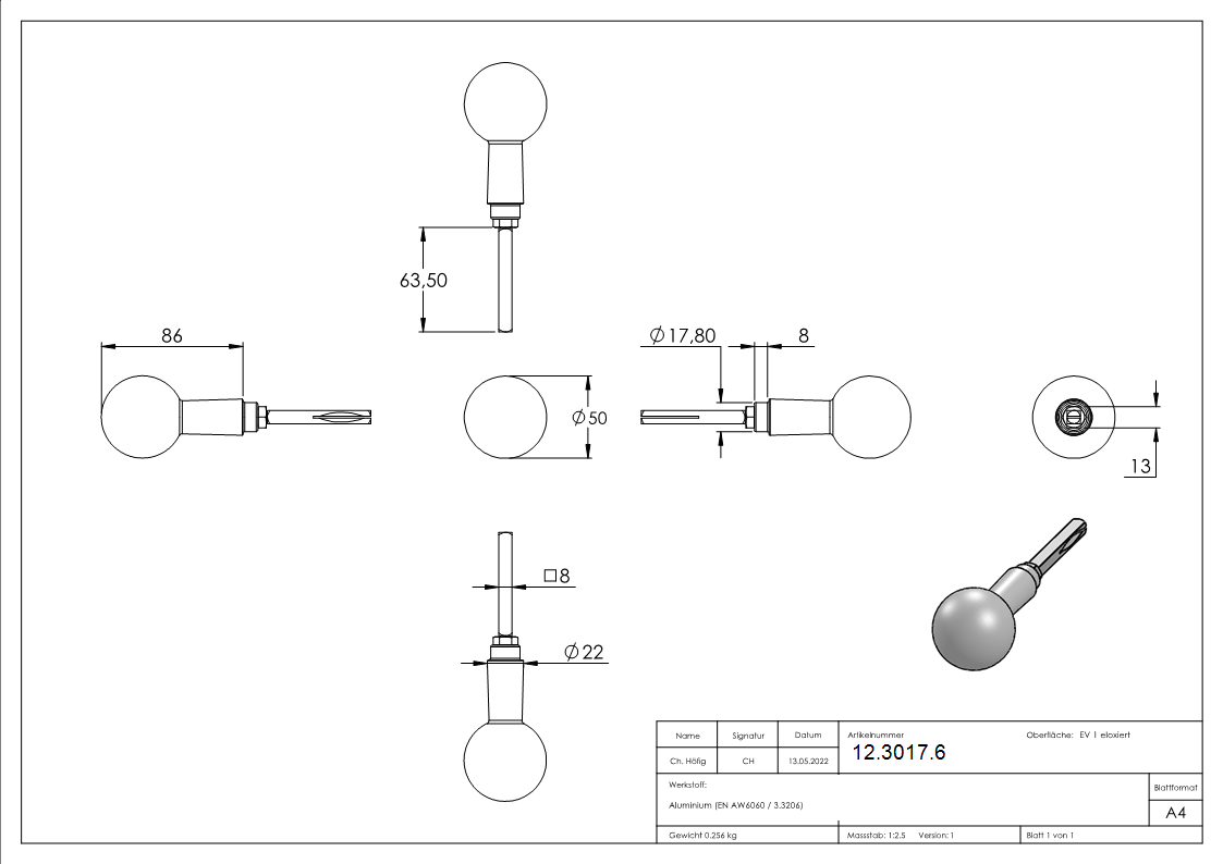 Alu-Tuerknopf drehbar mit Kugel Ø 55 mm - AMF Artikel- 16287-12-3017.6