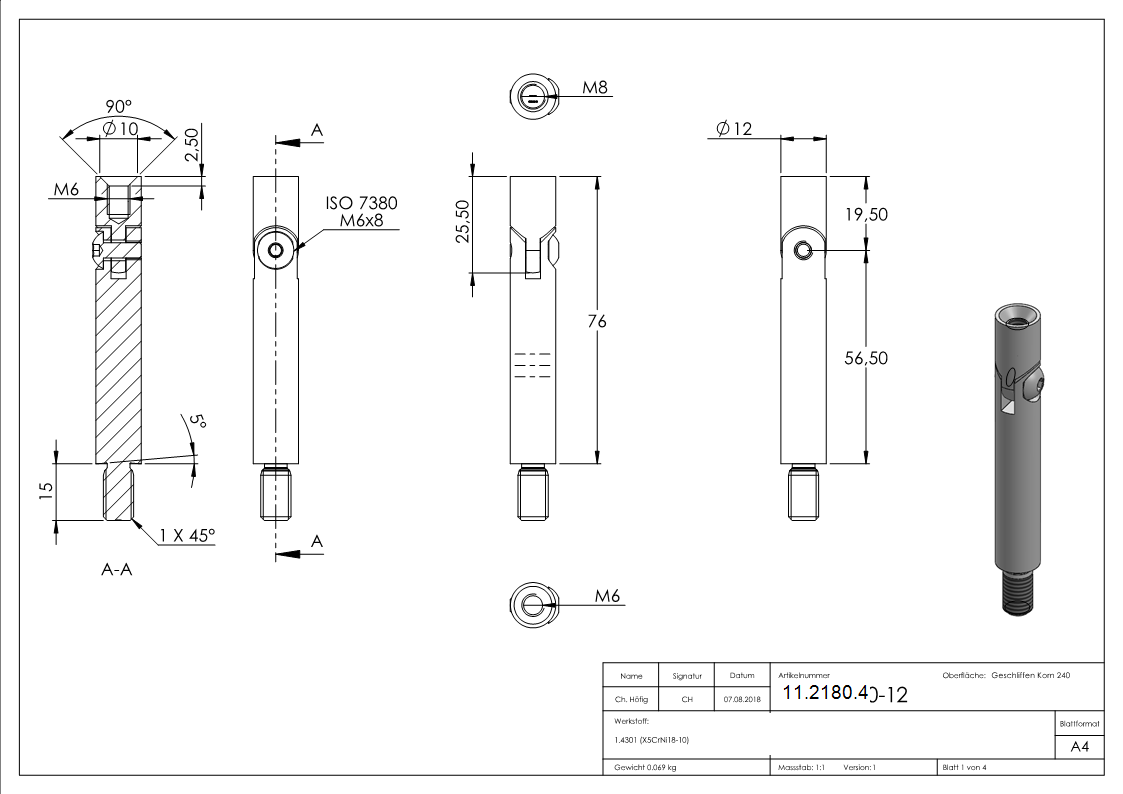 Stift | Maße: 75x12 mm | mit Gelenk + Außen - und Innengewinde | V2A
