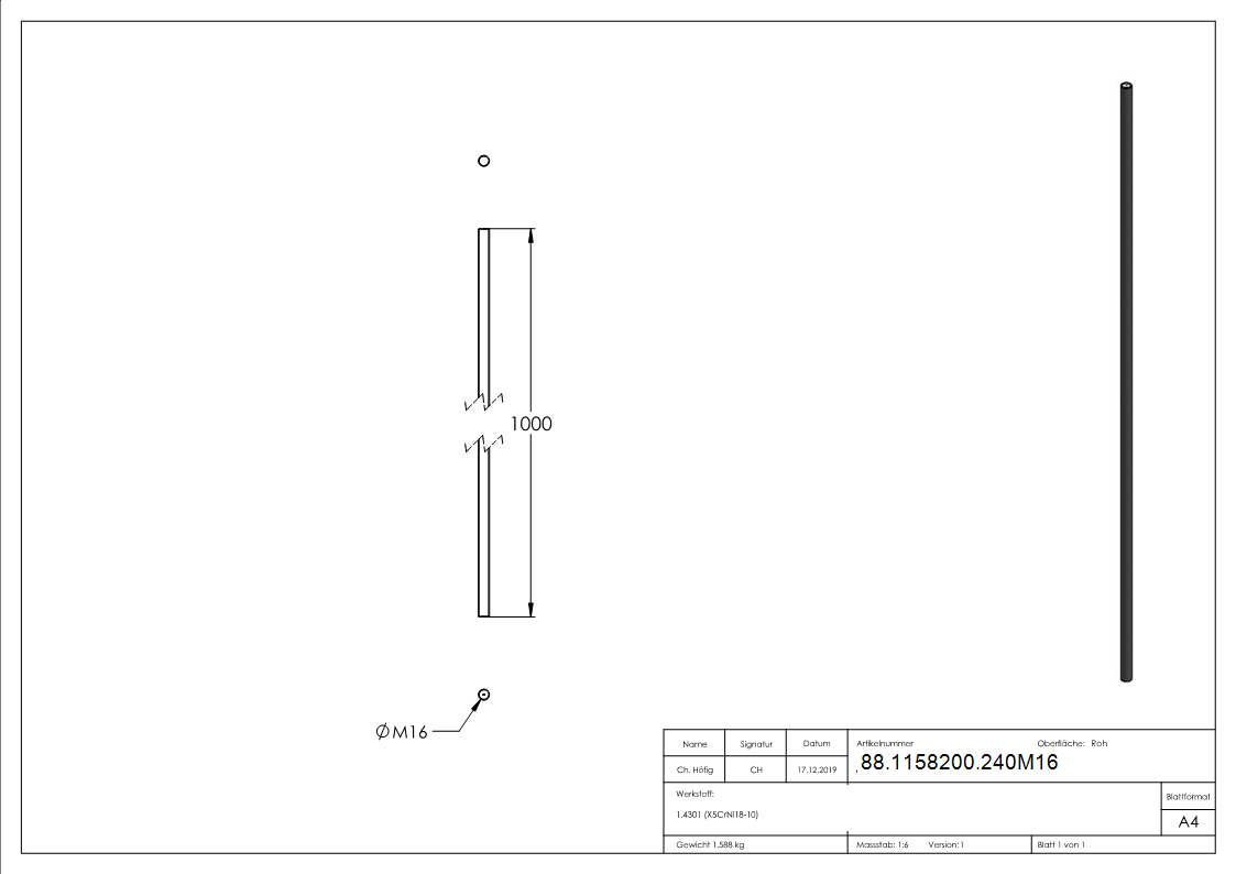 Gewindestange V2A Edelstahl 1 m M16 Rechtsgewinde DIN 975-88-1158200.240M16