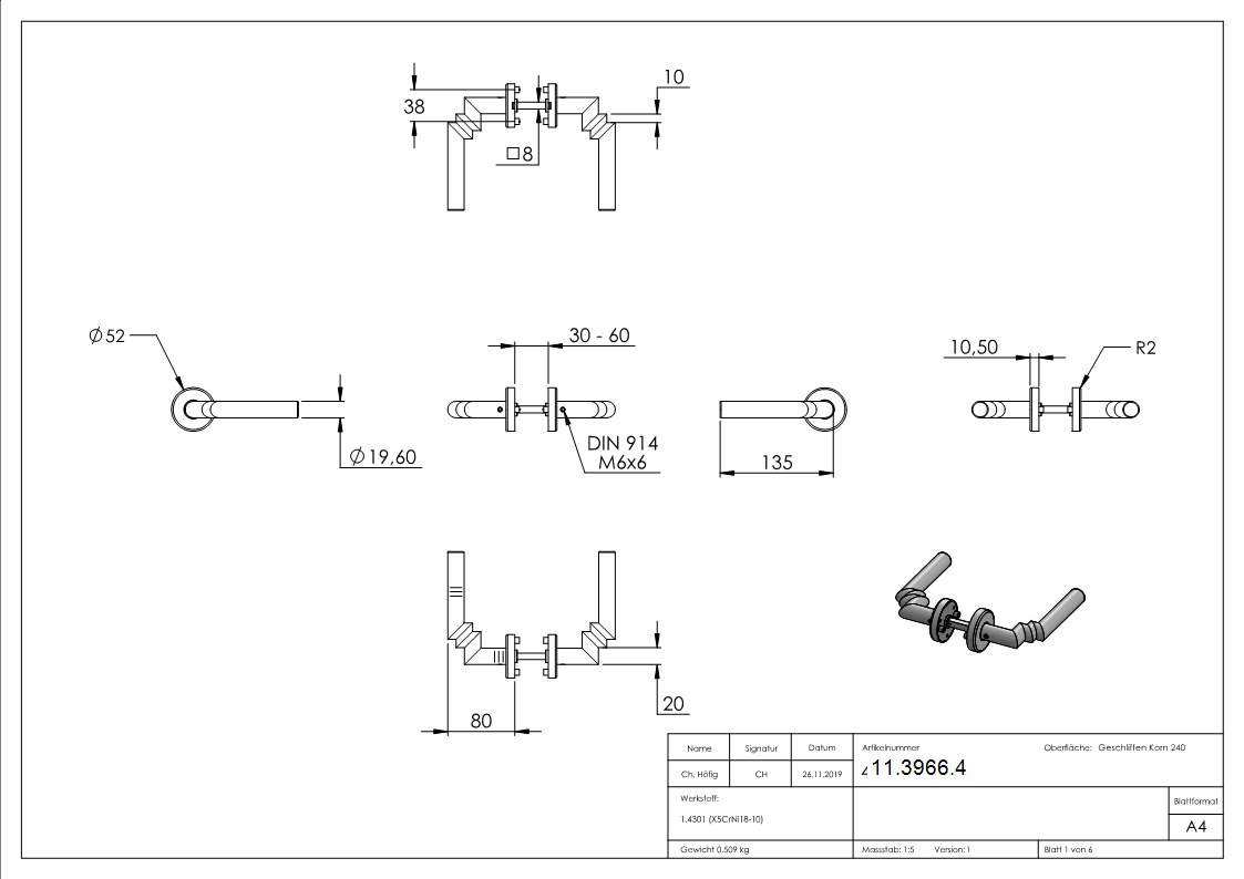 Türdrückerpaar V2A  inklusive 8 mm Drückerstift