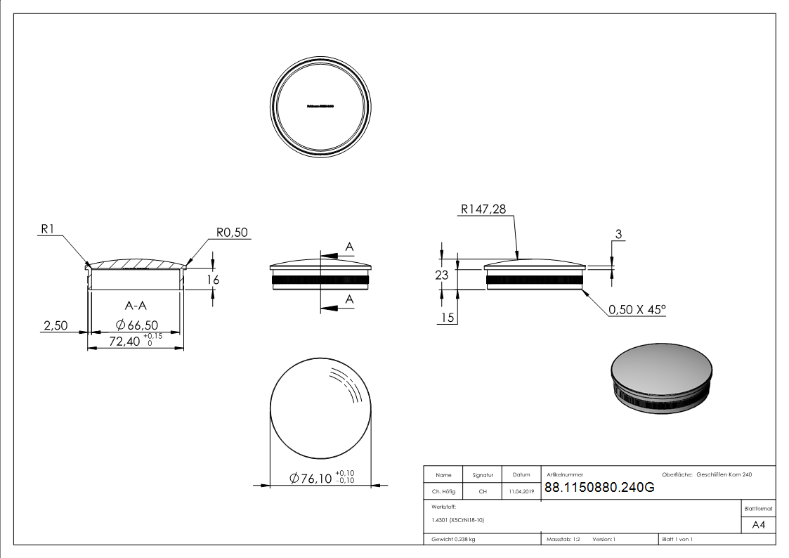 Rohrstopfen, für Rohr 76,1 x 2,0mm, V2A