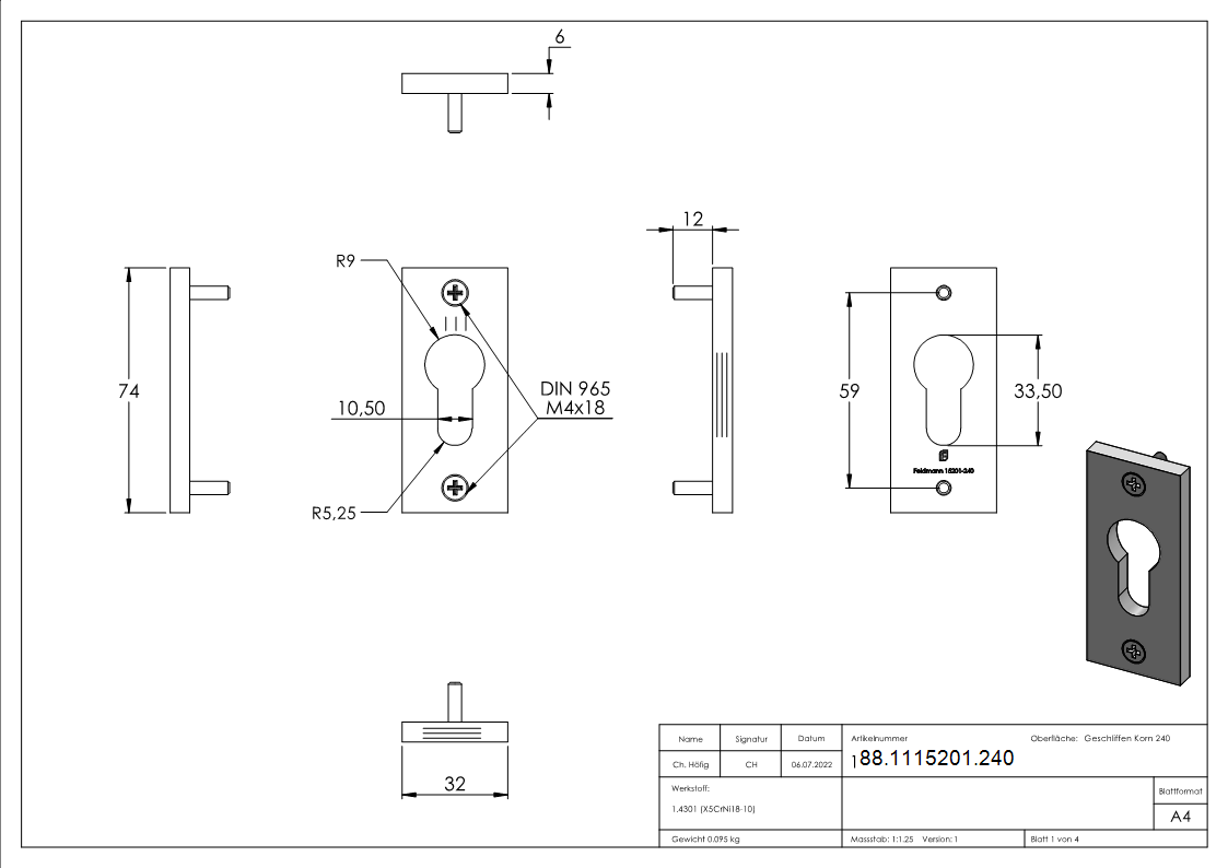 Zylinderrosette- eckig- 32 x 74 x 6mm- V2A-88-1115201.240