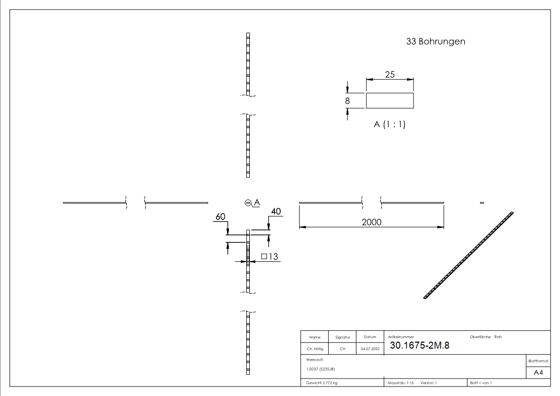 Gestanzte Stange Maße: 25x8 mm Länge: 2000 mm Stahl S235JR, roh