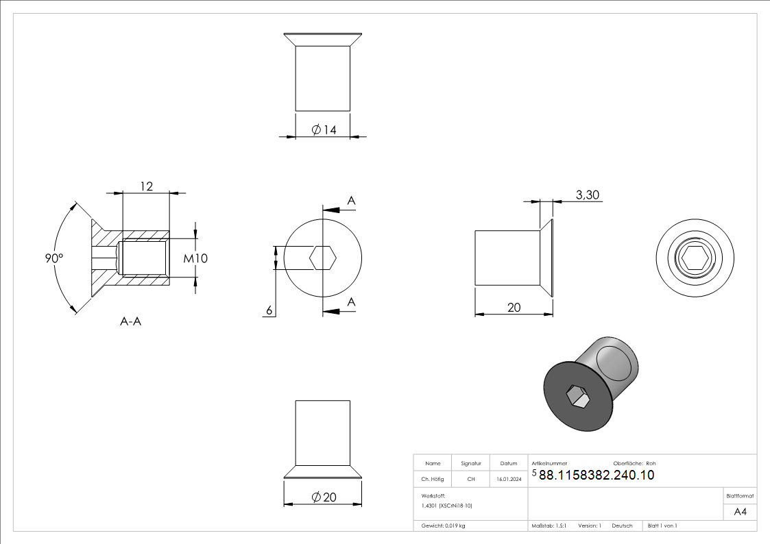 Huelsenmutter Edelstahl V2A M10x20 Senkkopf Innensechskant-88-1158382-240.10