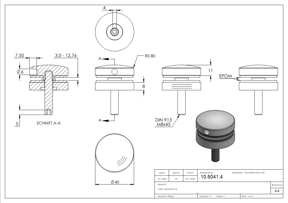 Glaspunkthalter Edelstahl V2A Ø 40 mm flach – Punkthalter-10-5041.4