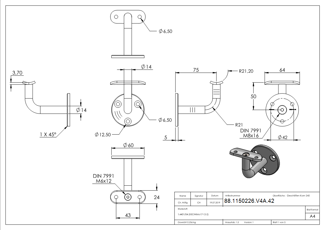Handlaufhalter V4A fuer Rohr 42-4 mm- Ronde 60x5 mm- Wandabstand 74 mm- ohne Kabeldurchfuehrung-88-1150226-V4A.42