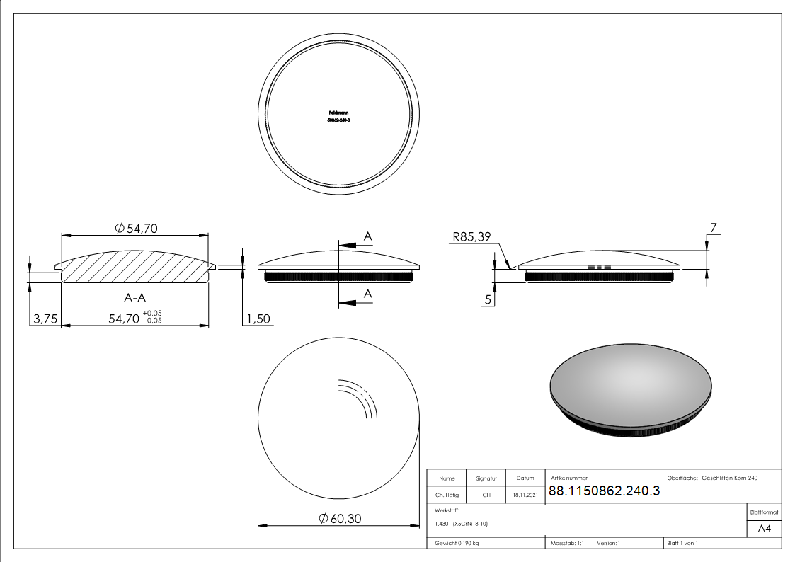 Rohrstopfen, für Rohr 60,3 x 3,0mm, V2A