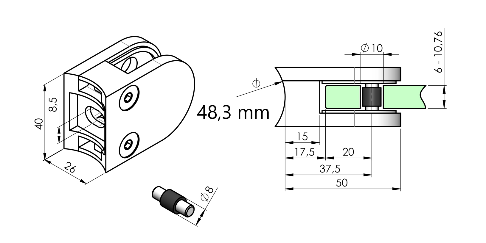 Glasklemme - Masse- 50x40x26 mm - Anschluss 48-3 mm - V2A - Gummi 10-00 mm ESG-18-2048-A.4-8